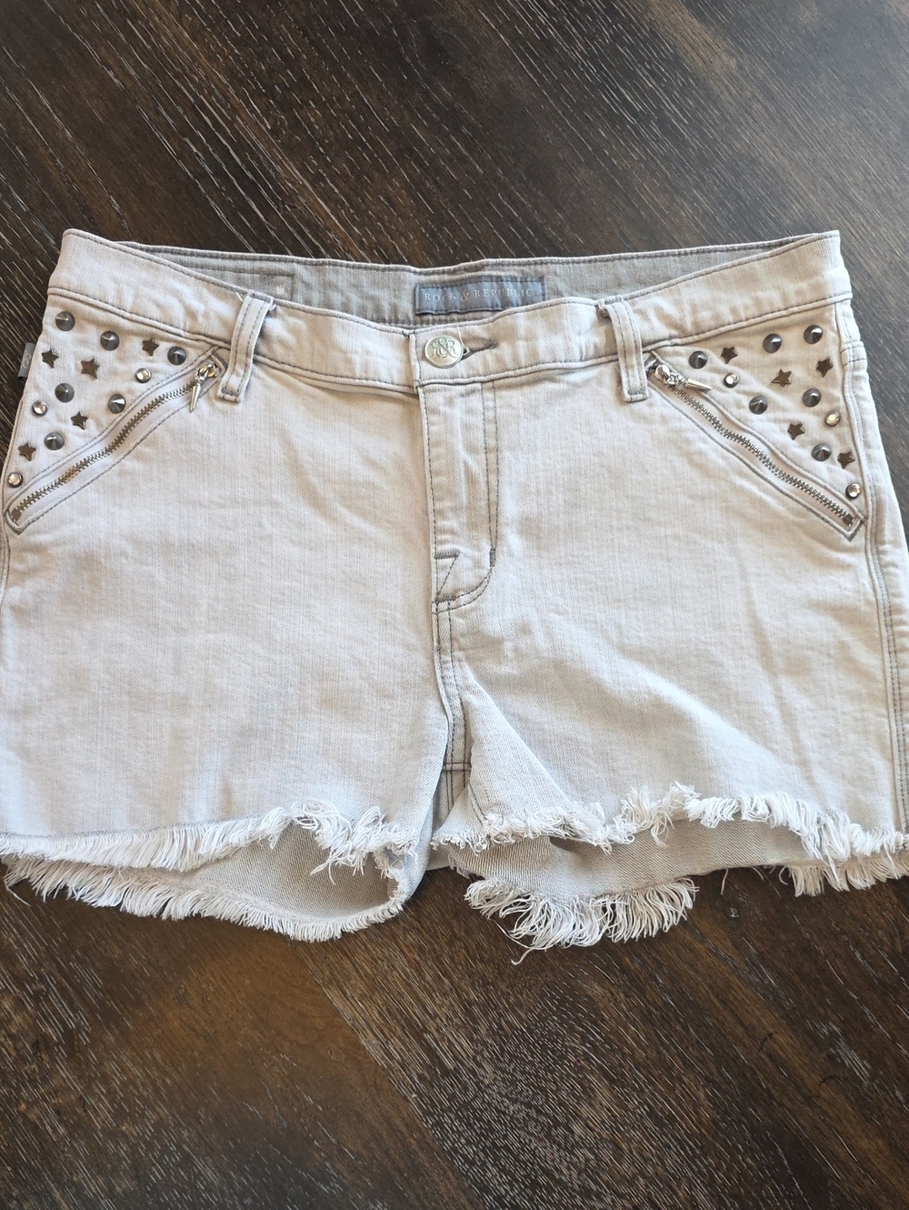 Rock & Republic Light Beige Studded Frayed Hem Jean Shorts